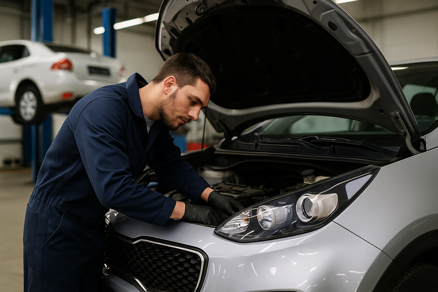 Mekaniker i Malmö som arbetar på en bilverkstad och kontrollerar motorn på en bil.