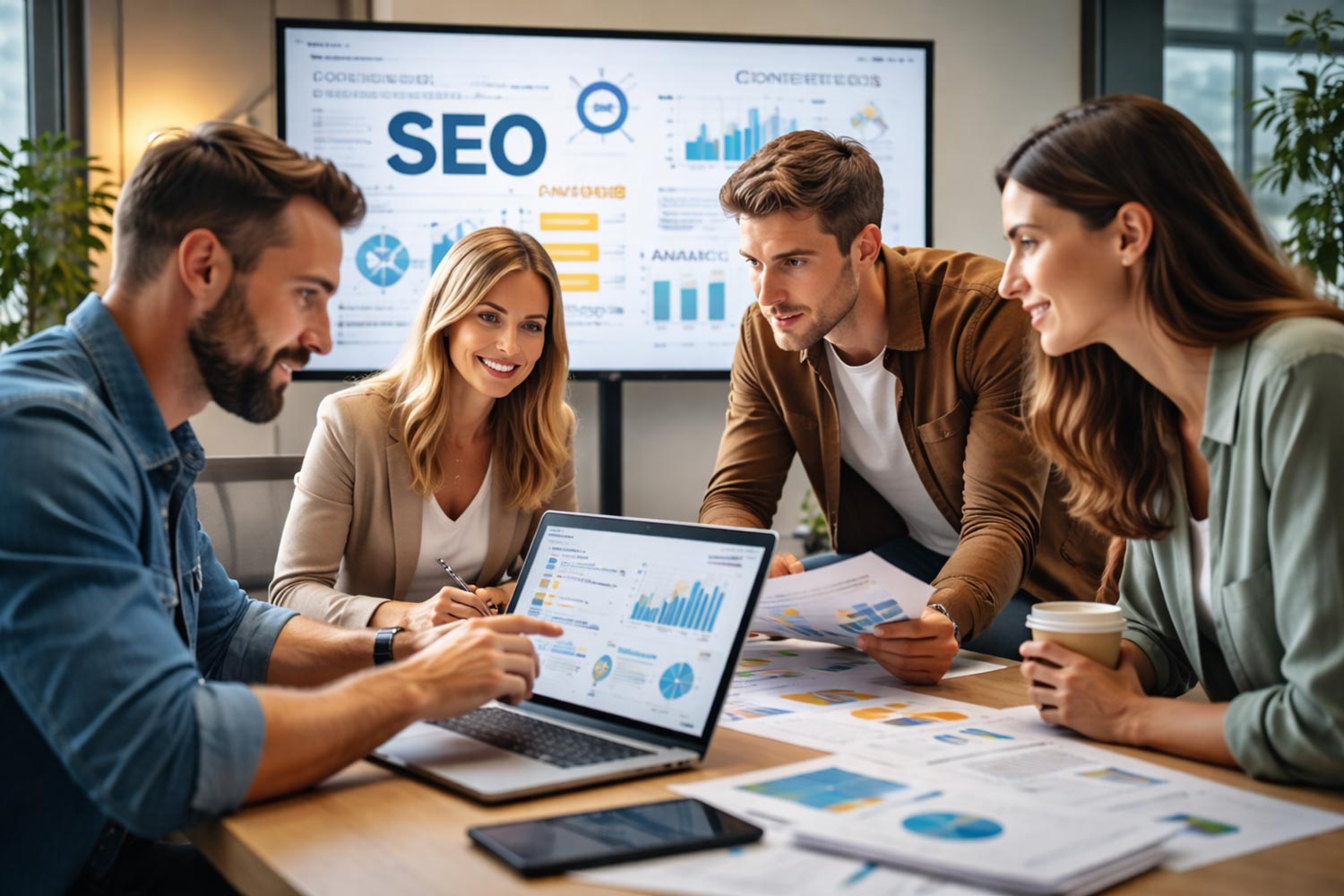 Team arbetar tillsammans med SEO-strategi och analys av digital synlighet i modern kontorsmiljö.